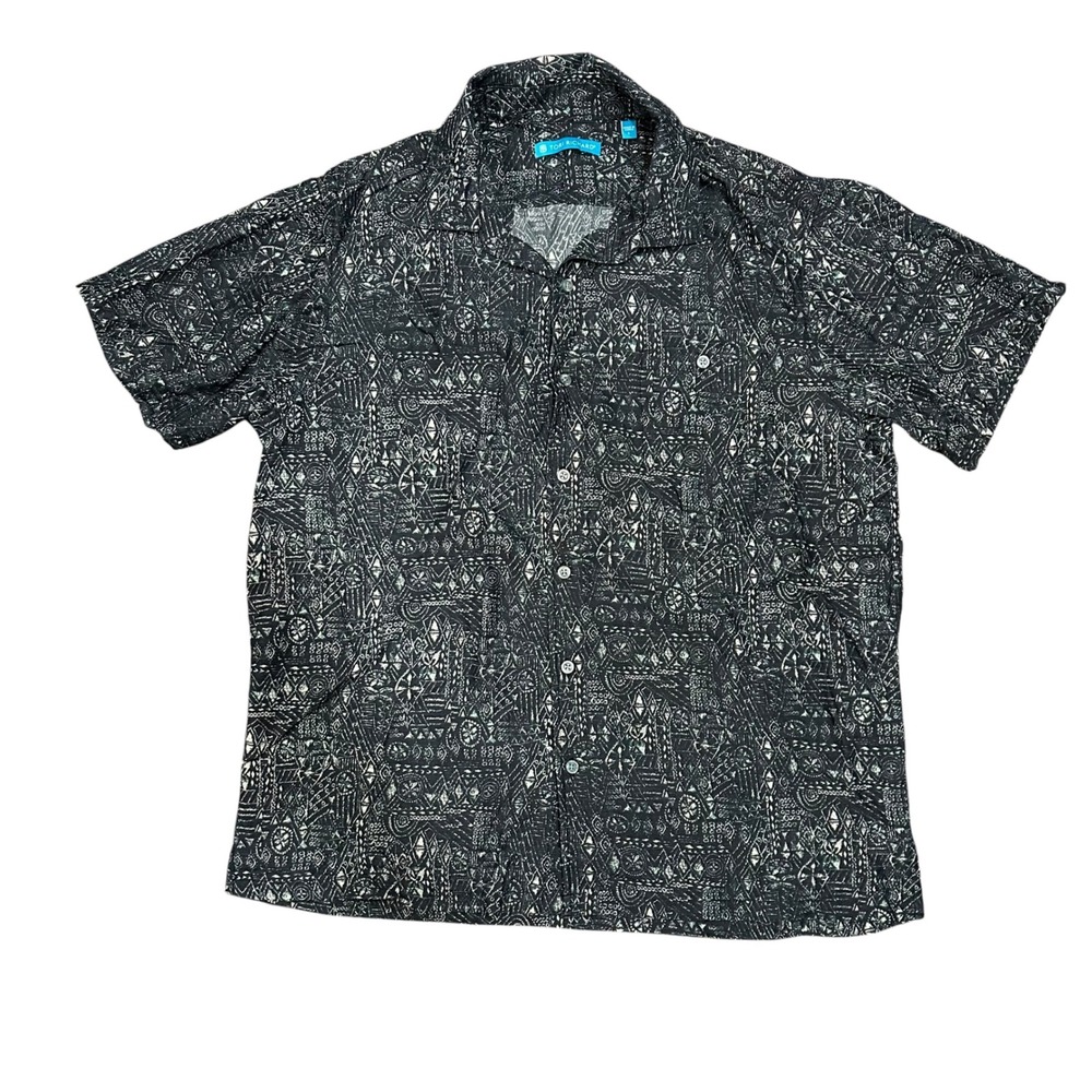 Tori Richard Hawaiian Shirt Mens Large Black Tribal Geometric Tencel Modal Aloha